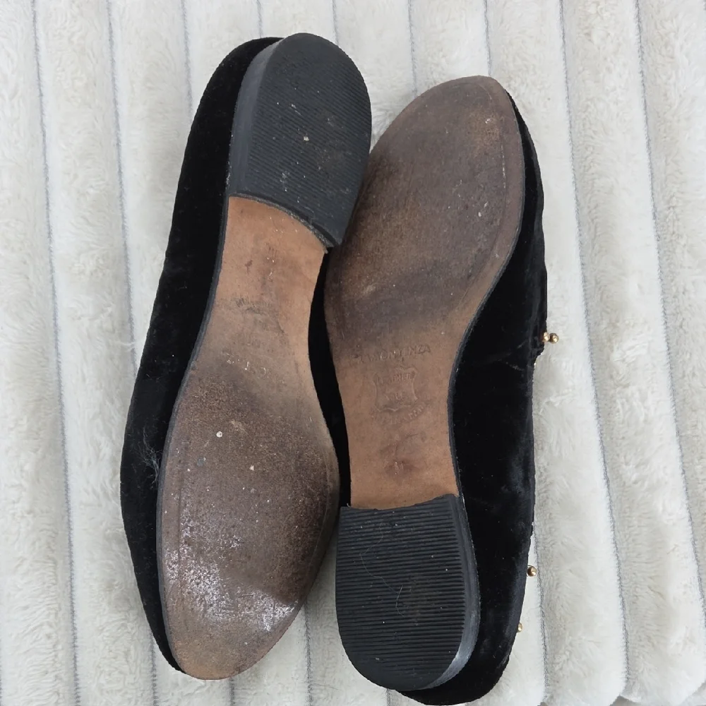 Ramon Tenza Black Velvet Slip-On Loafers with Gold Stud Accents